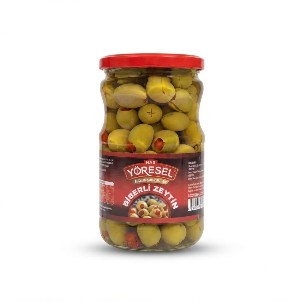 HASYÖRESEL BİBERLİ ZEYTİN 400 gr (CAM KAVANOZ)